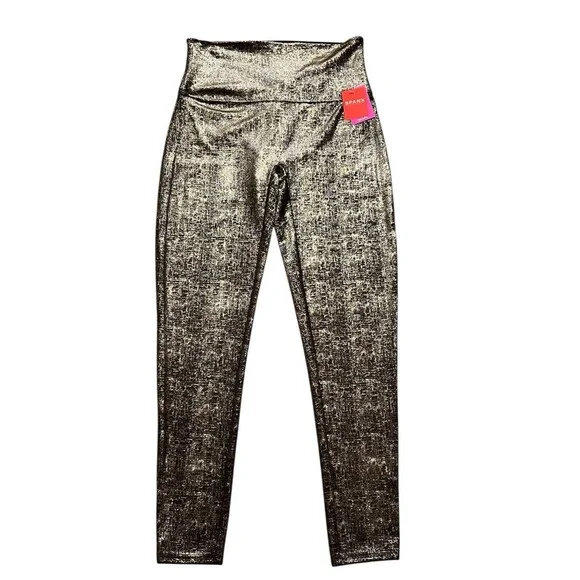 SPANX Velvet Shine Black Metallic Gold Leggings Shimmer High Rise Velour XL NWT - Picture 1 of 8